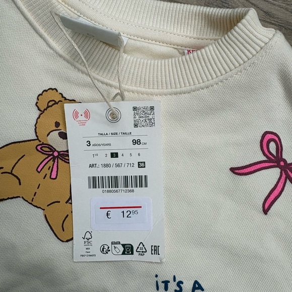 Zara Kids Happy Bear Sweatshirt NWT Size 3Y 98cm Cream Graphic Pullover - Picture 3 of 5